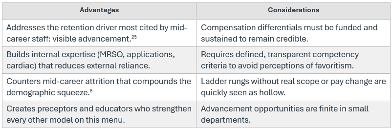 Table of the advantages and considerations of Advanced Practice and Career Ladders